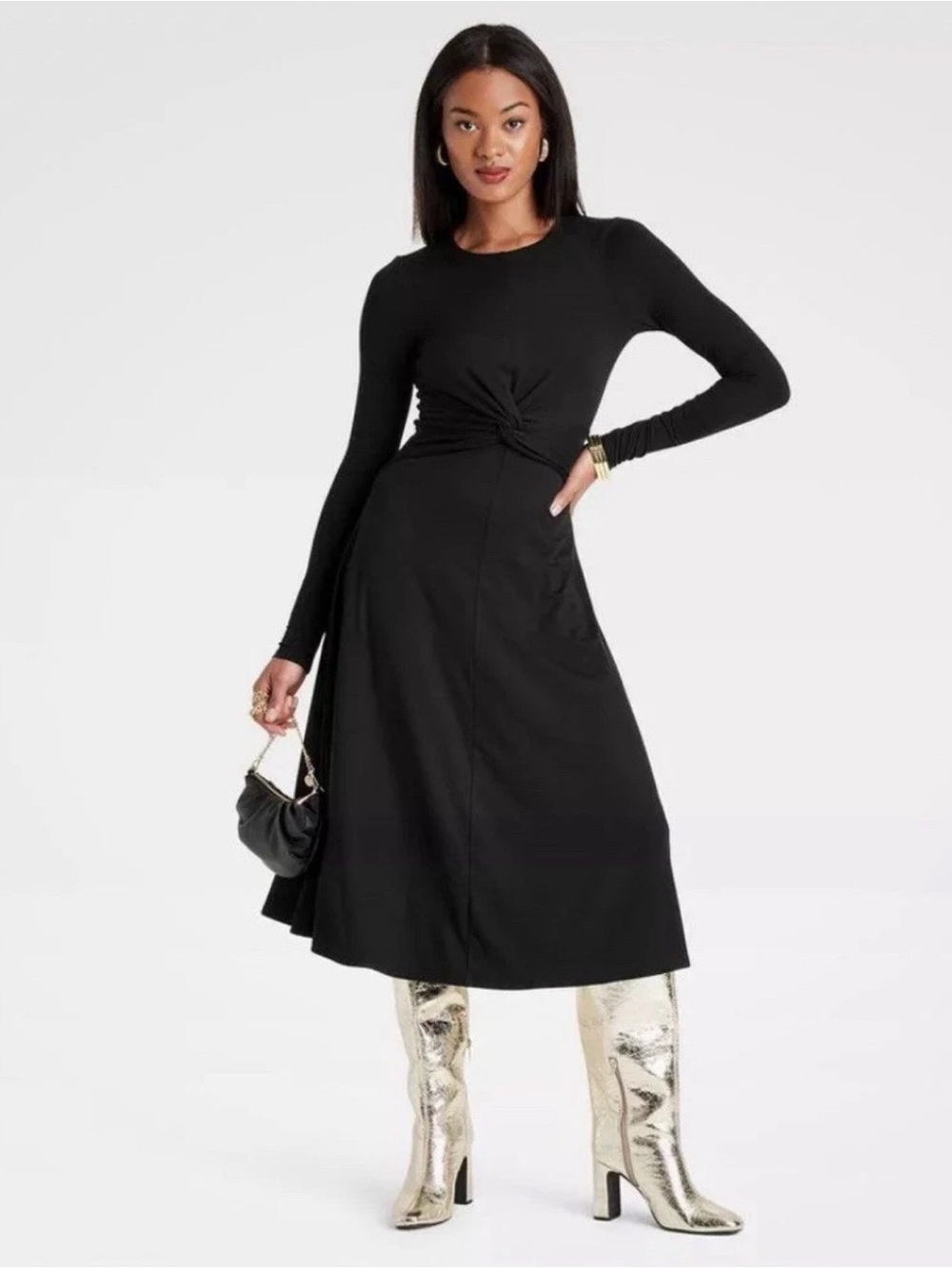 A New Day Black Long-Sleeve Twist-Waist Midi Dress